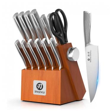 Imagem de Conjunto de Facas de Cozinha imarku 14 Peças Marrom Escuro com Afiador e Bloco FSC-Certificado