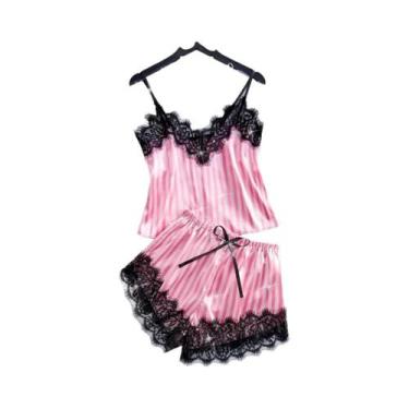 Imagem de Conjunto De Pijama Feminino De Verão Em Seda Satin Com Decote Em V, Se