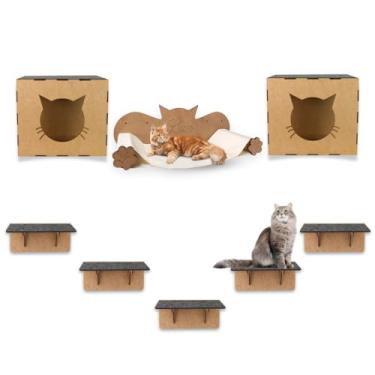Imagem de Playground para Gatos Kits 8 peças Com Nicho Rede Brinquedo de Gato Prateleiras de Parede Em Mdf - Box Fan