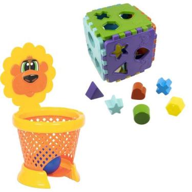 Imagem de Kit Brinquedo Bebê Educativo Divertido Encaixar Basquete + Cubo Didáti