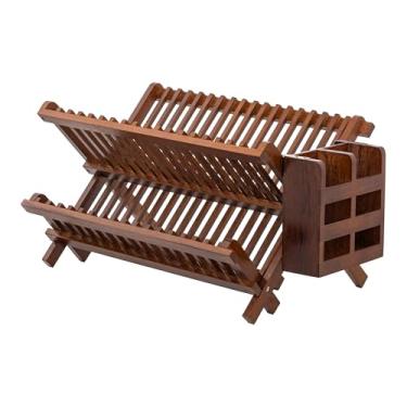Imagem de HBlife Rack de prato, escorredor dobrável de teca de 2 camadas, rack de secagem de prato com utensílios conjunto de suporte de talheres