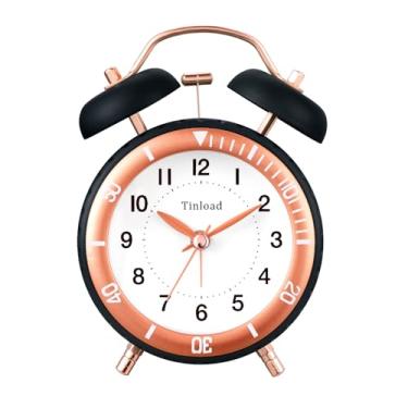 Imagem de Despertador de sino duplo, despertador analógico retrô, quartzo silencioso sem tique-taque com luz manual, relógio de mesa pequeno para mesa de cabeceira, operado por bateria (preto)