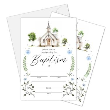 Imagem de Cartão de convite de batismo, convites de batismo de vegetação para meninos meninas, convites de preenchimento de primeira comunhão, decorações de celebração religiosa, suprimentos de chá de bebê, 12