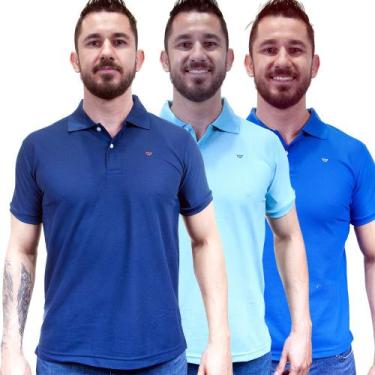 Imagem de Kit 3 Camisas Gola Polo Masculina Piquet Lisa Camisaria Colombo, Azul,