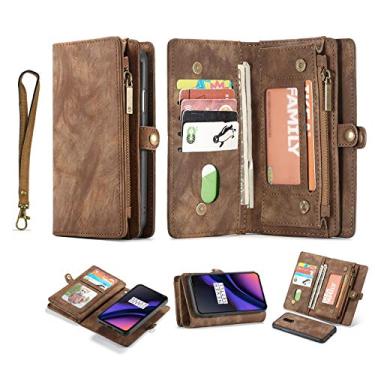 Imagem de Carteira de couro Simicoo OnePlus 6T com zíper e compartimentos removíveis para cartões, capa flip com alça magnética para pulso e capa à prova de choque, bolso, carteira, bolsa para OnePlus 6T 1+6T, OnePlus 7 Pro, Marrom