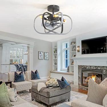 Imagem de Ventiladores de teto retrô com luzes e lustres de ventilador de gaiola de metal remoto Luz de teto silenciosa DC reversível Ventilador de teto industrial de 6 velocidades com iluminação padr