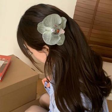Imagem de Grampo de cabelo de flor boêmio tecido havaiano mariposa artificial orquídea flor grampo de cabelo grampo de cabelo presilha de cabelo prendedor de cabeça, grampos de cabeça, verde