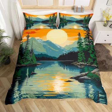 Imagem de Conjunto de capa de edredom Happy Camping tamanho solteiro, capa de edredom Lake House Adventure 2 peças, conjunto de cama vintage Mountain River, decoração de quarto de crianças, adolescentes e