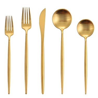 Imagem de Conjunto de talheres em ouro fosco, Oliviola de 20 peças, conjunto de talheres de aço inoxidável para 4, conjunto de utensílios de cozinha com acabamento acetinado, pode ser lavado na lava-louças