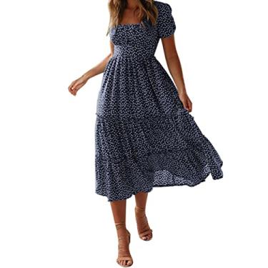 Imagem de UIFLQXX Vestidos de verão para mulheres 2023 Vestido moderno de verão vestido flare manga floral casual rodado vestido midi, Azul-escuro, M