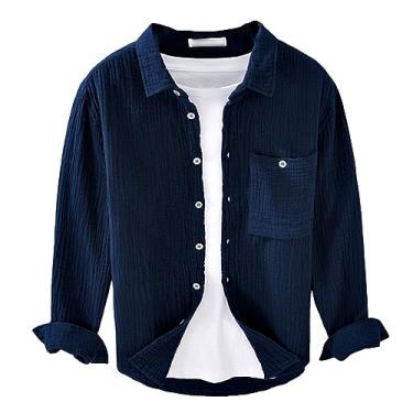 Imagem de Camisa masculina de algodão casual manga longa com bolso camisa praia lapela gola top, Azul-escuro, 3G