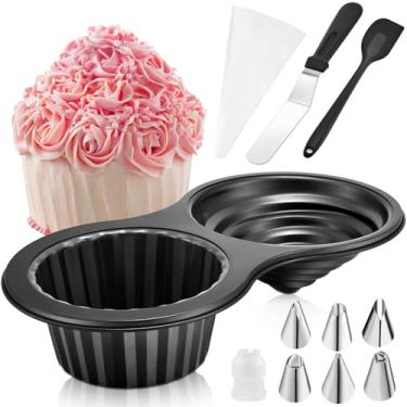 Imagem de Sliner Kit de suprimentos de decoração de bolo com 1 forma de cupcake gigante, 1 espátula de aço inoxidável, 1 raspador de silicone, 6 pontas de confeiteiro, 3 raspadores de pente de gelo para bolos