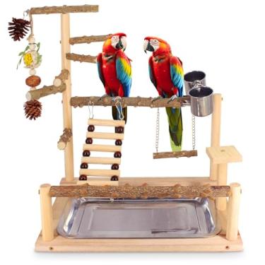 Imagem de Parquinho de pássaros, brinquedos naturais para pássaros, suporte de poleiro, papagaio, balanço com brinquedos para mastigar, plataforma de papagaio com copos de alimentação, periquito, gaiola de