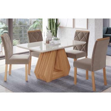 Imagem de Sala De Jantar Completa ágata Tampo Madeirado C- Vidro 130x80cm E 4 Cadeiras Fernanda Madeirado-suede Joli Capuccino - Cimol