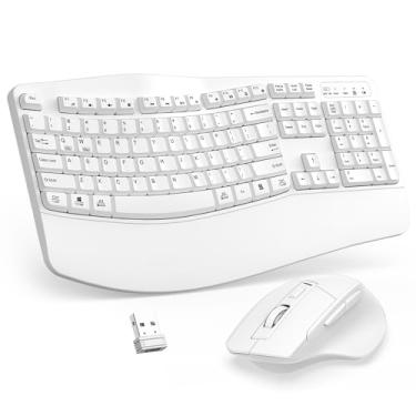 Imagem de Combo de teclado e mouse sem fio, teclado ergonômico de 2,4 G, teclas onduladas, com descanso de pulso e mouse ergonômico sem fio ajustável de 3 níveis DPI para Windows, Mac OS, desktop/PC (branco)