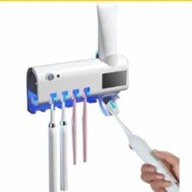 Imagem de Dispenser Autom�tico de Pasta de Dentes com Suporte para Escovas, Fixa��o Adesiva na Parede, Organizador para Banheiro -porta escova