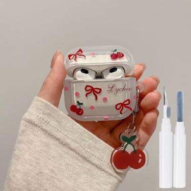 Imagem de Capa Red Cherry para AirPods 4ª geração 2024, conjunto 3 em 1, capa de silicone transparente para AirPods 4 com caneta de limpeza, capa protetora completa de frutas para AirPods 4 capas para meninas e