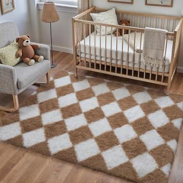 Imagem de WondRg Tapete quadriculado marrom 10 x 15 cm lavável à máquina, tapete com estampa de diamante, tapete macio para quarto, escritório, sala de jogos, entrada, lavanderia