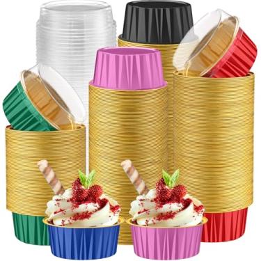 Imagem de Gandeer Pacote com 200 forros de cupcake de folha de alumínio com tampas, copo redondo de 142 g para festa de casamento, ramekin de torta descartável, recipiente para mini formas de bolo (preto, verde