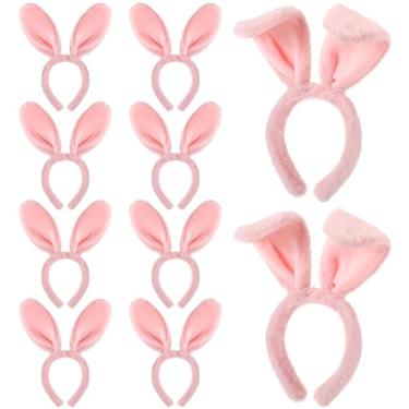 Imagem de Zeyune 10 peças de tiara de orelhas de coelho de Halloween fantasia de coelho de pelúcia animal faixa de cabeça presente para adultos aniversário Páscoa cosplay (rosa)