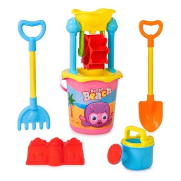 Imagem de Kit Praia Infantil com Balde Decorado Happy Beach, Pá, Ancinho, Moldes de Areia, Brinquedo de Praia Cor ROSA