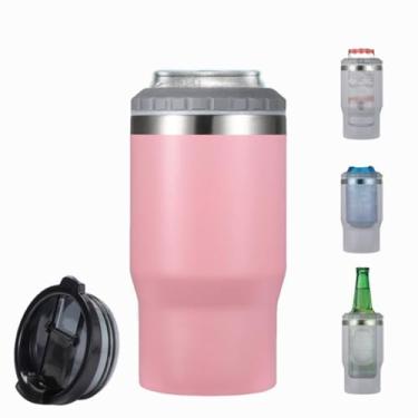 Imagem de FAMKX 14oz 4 em 1 isolador de garrafa de cerveja de aço inoxidável pode arrefecer com 2 tampas para 12oz can&bottle, Thermocooler isolado de parede dupla&Travel Cup(PINK#)