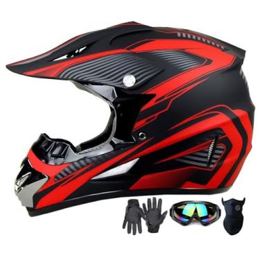 Imagem de Capacete de motocross, capacete de motocicleta ATV para jovens e crianças, capacete de mountain bike off-road BMX de 4 rodas, certificado DOT, com luvas de máscara de óculos conjunto de 4 peças