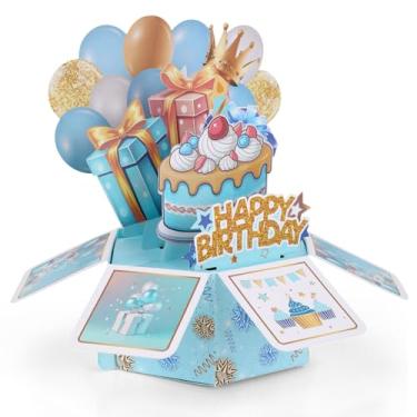 Imagem de Cartão Pop-Up de Aniversário, com Balões Coloridos e Bolo em 3D com Envelope Presente Criativo em 3D Ótima Opção de Presente Aniversário (Azul)