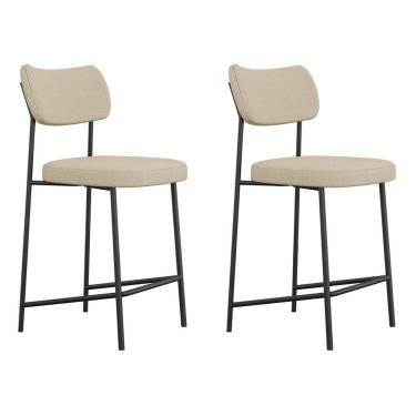 Imagem de Kit 02 Banquetas Médias Para Cozinha Lila Estofada Com Encosto Linho Bege - Abmaza
