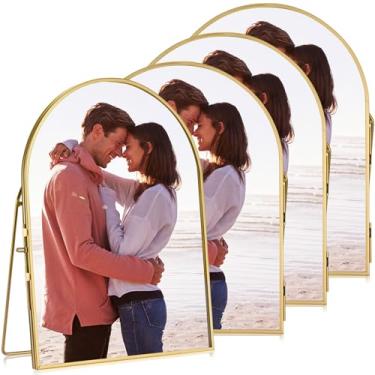 Imagem de Vicenpal 4 peças de moldura de vidro duplo para flores prensadas vintage metal dourado porta-retrato flutuante mínimo vertical arqueado para exibição de mesa de mesa (ouro, 15 x 20 cm)