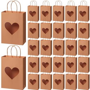 Imagem de Eersida 100 peças de sacos de presente de dia dos namorados com janela de coração Kraft saco de presente de papel marrom embalagem de doces de feriado com alça para artigos de festa de aniversário de