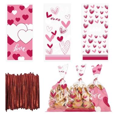 Imagem de 150 peças de sacos de celofane feliz dia dos namorados com laços torcidos para presentes, saco de doces de coração vermelho rosa doce amor violoncelo sacos de petisco de dia dos namorados para