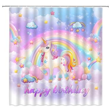 Imagem de HYKHYK Cortina de chuveiro feliz aniversário unicórnio arco-íris fantasia rosa desenho animado meninas festa conjunto de cortina de banheiro com ganchos (177.8 cm WX70 H)