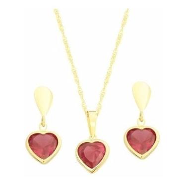 Imagem de Kit Colar Cordão Corrente Pingente+ Brincos Coração Ouro 18k