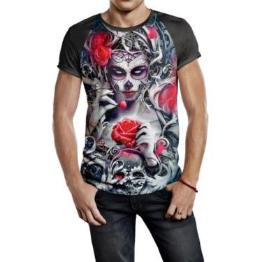 Imagem de Camiseta Raglan Masculina Caveira Mexicana Com Flores Ref:99 - Smoke