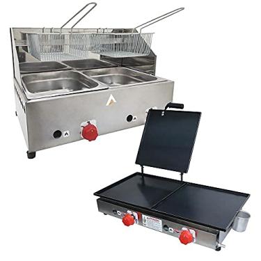 Imagem de Kit Lanchonete Chapa 60cm com Prensa e Fritadeira Profissional 2 Cubas Alcamar