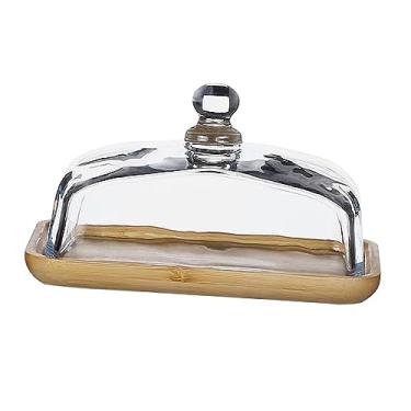 Imagem de menolana Suporte de bolo de bambu com tampa de vidro servindo bandeja retangular decorativa cupcake display bandeja de bolo para sobremesa aperitivo sushi
