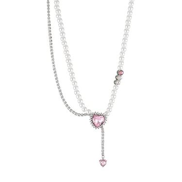 Imagem de unahtinr Colar de pérolas simuladas com temperamento feminino amor coração pingente corrente clavícula estudante coreano corrente ajustável joia, as shown in the picture, Liga de strass,