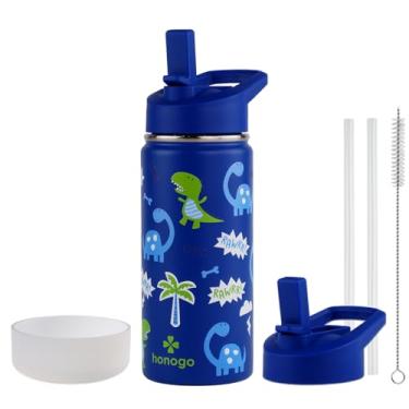 Imagem de honogo Garrafa de água infantil isolada de aço inoxidável de 473 ml, frasco térmico de metal à prova de vazamento com tampa de palha, copo infantil fofo para meninas e meninos (azul, Dino)