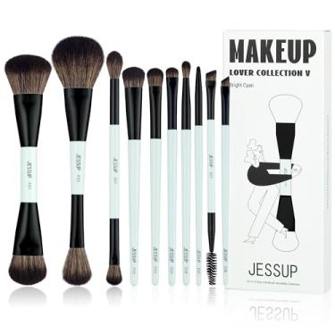Imagem de Conjunto de pincéis de maquiagem Jessup 10 peças, pincel de dupla face para base, contorno, blush, iluminador, pincel para sobrancelhas, sombra, delineador, corretivo, ciano brilhante T500