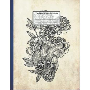 Imagem de Caderno de composição: Cadernos de composição de diário de coração vintage, papel pautado largo para adolescentes meninas meninos mulheres jogadores escolares 21,6 x 28 cm, 110 páginas - HE_N143