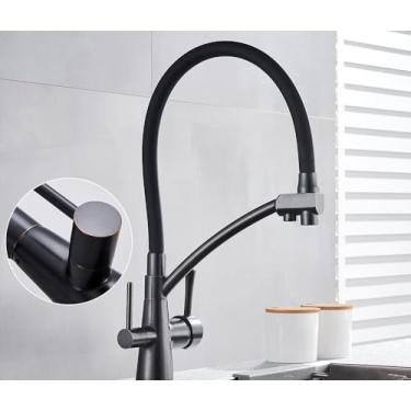 Imagem de Filtro de água torneira da cozinha 2 em 1 preto puxar para baixo torneiras pia água pura para cozinha deck giratória misturadora fria, óleo friccionado bronze a