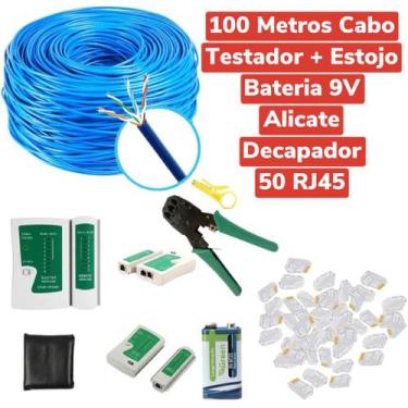 Imagem de Kit cabo de rede 100m + alicate rj45rj11 + testador + 50rj45 + bateria