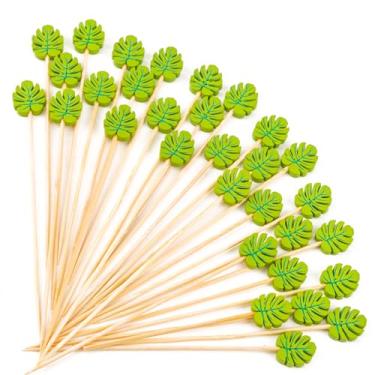 Imagem de PuTwo Palhetas 100 contagens 11,9 cm varas decorativas de madeira de bambu para aperitivos festa de coquetel chique - palitos de folha verde, folhas de palma