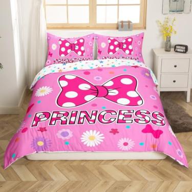 Imagem de Conjunto de capa de edredom infantil com laço rosa tamanho casal, conjunto de cama fofo de princesa com estampa de margarida, decoração de quarto de meninas e mulheres, capa de colcha romântica