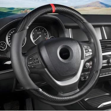 Imagem de Capa de volante de fibra de carbono, capa de volante universal de couro de microfibra respirável de 38 cm para homens e mulheres, acessórios internos de carro antiderrapantes, preta