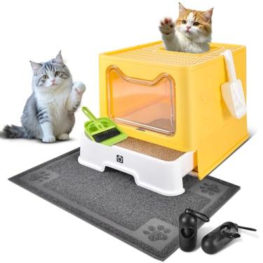 Imagem de Caixa de areia fechada para gatos com tampa, penico dobrável, tipo gaveta, caixa de areia extra grande com tapete, sem entrada e saída de gatinho, unidirecional, controle de odor, anti-respingos