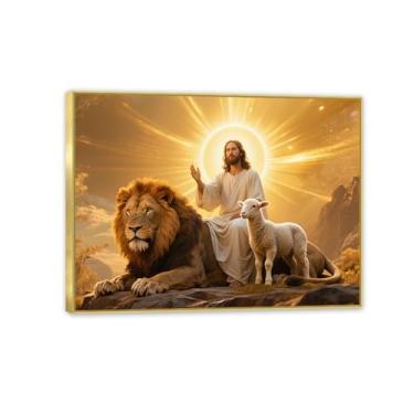 Imagem de Decoração de parede Jesus e leão de cordeiro leão de Judá pintura com salvador arte de parede cristã inspiradora para escritório, igreja, decoração de casa, 80 x 60 cm (32 x 24 pol), moldura dourada