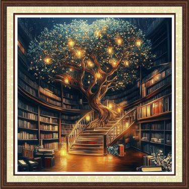 Imagem de Findvoor Kits de ponto cruz contados para adultos, gama completa de bordado de ponto cruz padrão não impresso para iniciantes, kit de bordado de 11 CT - árvore de livraria mágica 45,7 x 45,7 cm
