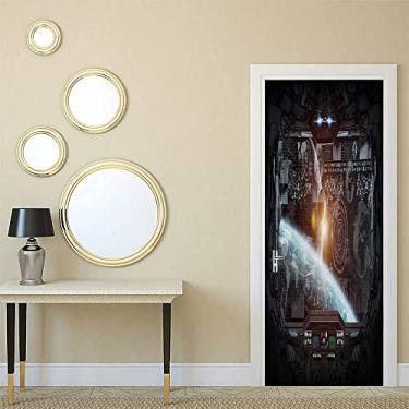 Imagem de Adesivo de porta 3D do espaço sideral, painel de controle da tela do cockpit no voo espacial Androids World Stardust, decalque de janela de parede autoadesivo removível para decoração de escritório em